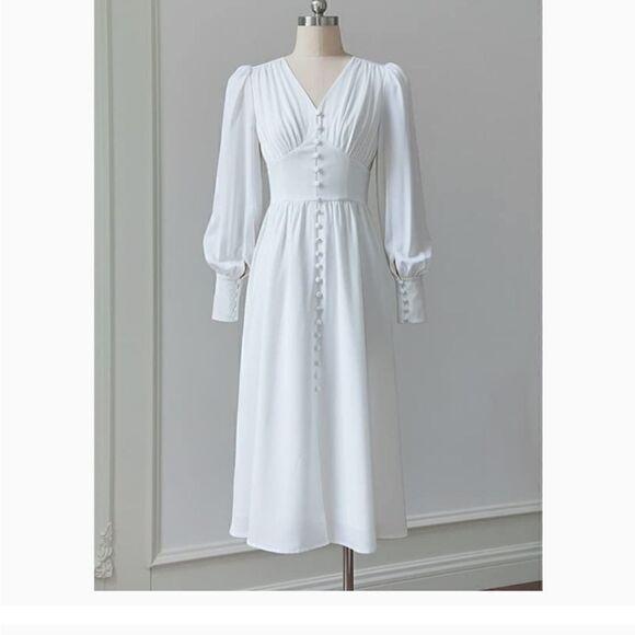 Spring Women White Dress V-neck Lantern Sleeve Dress Slim Solid Dress Mid-nwot - Picture 7 of 15